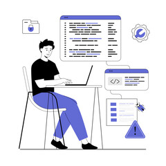 Wall Mural - Software development, coding and problem identification. IT specialist testing software in search of bugs. Vector illustration with line people for web design.