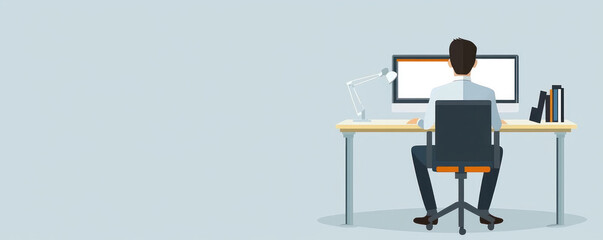 Poster - A man is sitting at a desk with a computer monitor in front of him. He is wearing a white shirt and black pants. The desk is cluttered with books and a keyboard. Concept of productivity and focus
