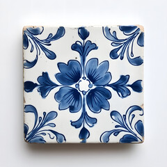 Majolica floral blue folk ceramic tile isolated on white background. Talavera style with navy blue floral ornament. Traditional Portuguese and Spain decor