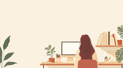 Poster - A woman sits at a desk with a computer monitor in front of her. The desk is cluttered with books and a potted plant. The woman is focused on her work
