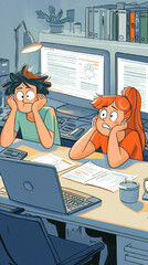 Poster - Two people are sitting at a desk with a laptop and a book. One of them is looking at the laptop screen and the other is looking at a book. Scene is focused and studious