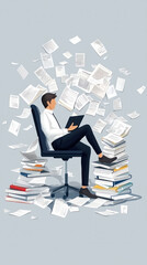 Poster - A man is sitting in a chair with a pile of papers in front of him. He is reading a book. Concept of busyness and productivity, as the man is surrounded by stacks of papers and books