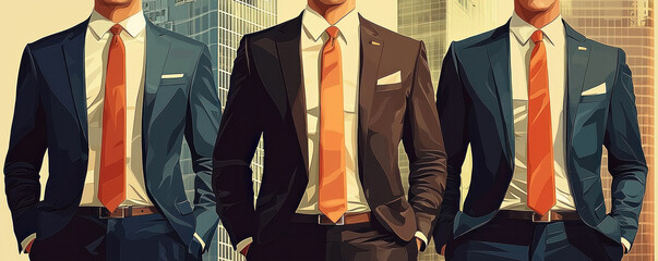 Poster - Three men in suits and ties stand side by side, with one of them wearing a tie that is orange. Concept of professionalism and formality, as the men are dressed in business attire