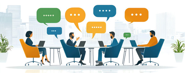 Poster - A group of people are sitting around a table with laptops and a potted plant in the background. They are having a meeting and discussing ideas