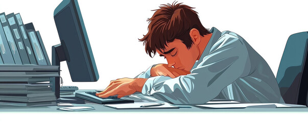 Poster - A man is sleeping at his desk with a computer monitor and keyboard in front of him. The scene is set in a cubicle with a chair and a bookcase behind him. The man is exhausted and is in need of rest