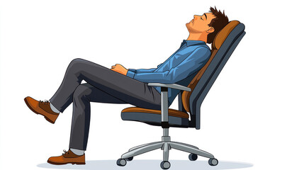 Poster - A man is sitting in a chair with his legs crossed. He is wearing a blue shirt and gray pants. The chair is brown and has a wooden back. The man is relaxed and comfortable