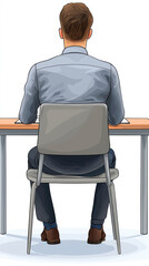 Poster - A man sits at a desk with a chair behind him. He is wearing a blue shirt and gray pants