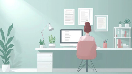 Poster - A woman sits at a desk with a computer monitor and a keyboard. She is wearing a pink shirt and is focused on her work. The room is decorated with potted plants and a vase, giving it a cozy