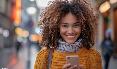 Latin girl with unruly hair smiling and walking through the city with a mobile phone in her hand, Generative AI 