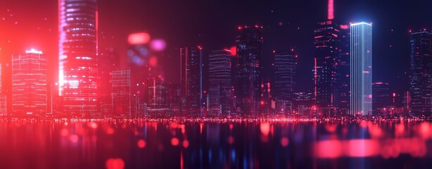 Wall Mural - Abstract background with neon lights and glowing digital cityscape, creating an immersive experience for technology events or business illustrations.