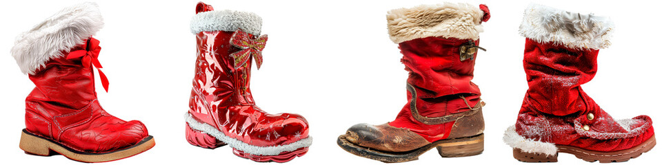 Four red snow boots with white trim