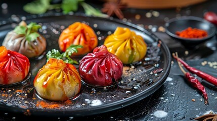 Canvas Print - Colorful steamed dumplings on a black plate. A vibrant and colorful meal. Perfect for food blogs and cooking inspiration. AI-generated image of delicious food. 