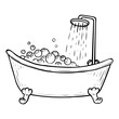 © Mari Bryk - Bathtub with soap suds for washing hand drawn doodle. Watering can with tropical rain for the shower room. Relaxation in the bath. Bathroom. Vector outline line art illustration.
