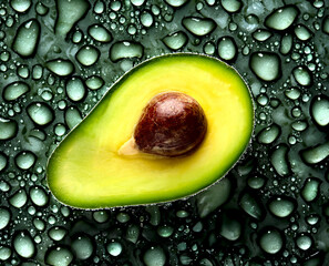 Wall Mural - Half of avocado  on the wet background.  Healthy fat, omega 3. Avocado tree. Top view.