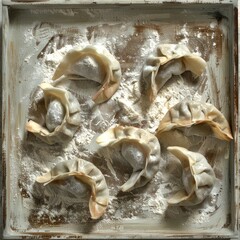 Poster - Close-up of homemade dumplings on a floured surface, ready to cook. Perfect for food blogs, recipe books, and culinary websites. High-quality image with a rustic, authentic style. AI