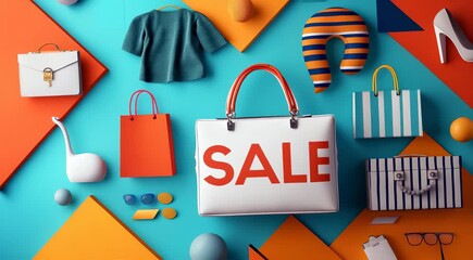 Wall Mural - A stylized flat lay composition with bags, accessories, shoes, and the word 'SALE' on a central bag, set against a colorful geometric background.