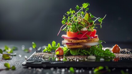 Wall Mural - Fresh gourmet salad on slate plate with vibrant vegetables and microgreens. Elegant food presentation. High-end culinary style. Ideal for restaurant menus and food blogs. AI