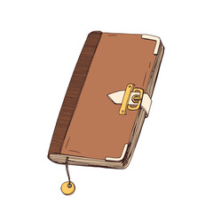 Poster - Business organizer, notebook. Leather-bound notepad with strap, buckle and bookmark. Elegant diary, closed office planner, note pad. Hand-drawn vector illustration isolated on white background