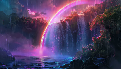 Canvas Print - A rainbow is falling from the sky over a waterfall