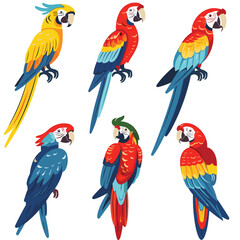 Wall Mural - Six colorful parrots depicted, vibrant tropical birds illustration. Diverse positions macaws, wildlife digital art, parrot lover artwork. Bright plumage red, blue, yellow parrots, exotic bird