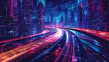 Wall Mural - A city street with neon lights and cars