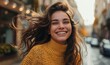 © FrameFrenzy - Beautiful young brunette with unruly hair very happy on the street of a city, Generative AI