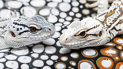 Trio of colorful lizards on wood