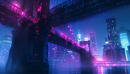 Wall Mural - A bridge over a city with a neon pink sky