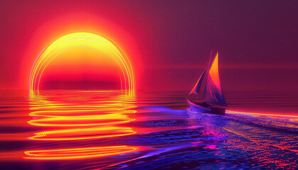 Wall Mural - A boat is sailing on a calm sea with a beautiful sunset in the background