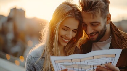 Poster - Excited Young Couple Examining New Home Blueprint Embracing the Energy of New Beginnings