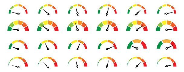 Wall Mural - Risk meter icon set. Risk concept on speedometer. Set of gauges from low to high.  Vector illustration.