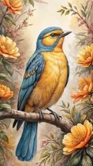 Wall Mural - Wall paper, phone case. A stunningly vibrant and enchanting bird and colorful flowers