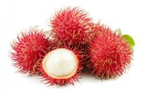 Fresh rambutan fruit displayed with cut open example on white background
