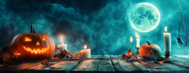 Wall Mural - halloween themed concept photography with a wooden plank and pumpkins on the side, behind it is a be