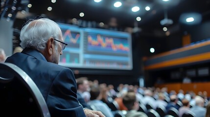 Poster - financial planning seminar with expert speaker and engaged audience filled with charts and graphs