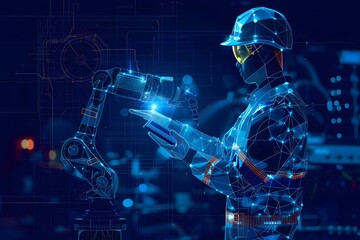 Poster - Futuristic Worker Interacting with a Robotic Arm in a High-Tech Environment