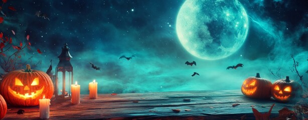 Wall Mural - halloween themed concept photography with a wooden plank and pumpkins on the side, behind it is a be