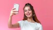 © Preecha - Girl taking a selfie with a cheerful expression, solid color background, ultra-clear and detailed