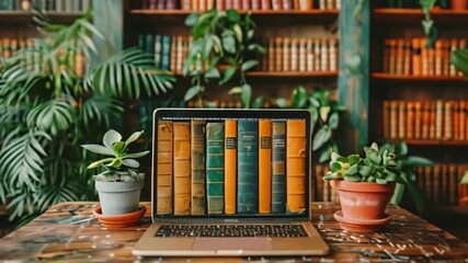 Poster - A laptop rests on a wooden table in a library, displaying an online course. Surrounding the laptop are potted plants and bookshelves filled with books.