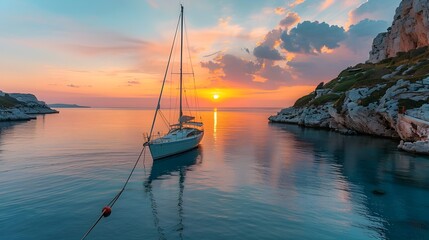 Poster - Serene Sailboat Anchored in Tranquil Bay at Picturesque Sunset