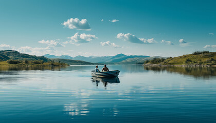 Wall Mural - A boat is floating on a lake with a man and a woman in it