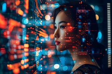 Poster - Futuristic Portrait: A Woman Engaged with Digital Data Visualization