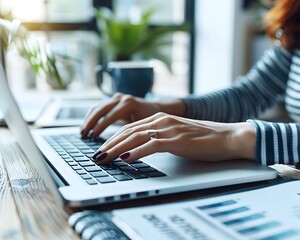 Poster - focused woman utilizing financial planning software on laptop for business productivity
