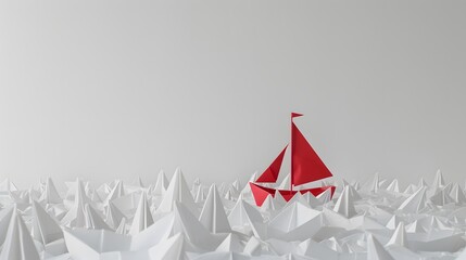 A bold red paper flagship guiding a fleet of white paper ships, against a stark white background, symbolizing strong leadership