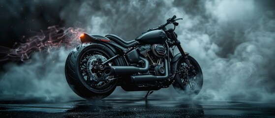 Wall Mural - A 3D rendered black  motorcycle stands on a dark smoky road, exuding sleek design and metallic finish. Red lights in the smoke intensify the mysterious scene.