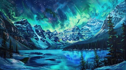 Canvas Print - Northern Lights Painting over Mountains and a Lake