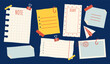 © Vigurskaia Sofiya - Hand drawn pieces of paper, note, reminder sheet, diary page, list, blank sheet, card. All attached with clips and tape. Simple doodle frames with empty space for scribbles or writing. Fun vector set