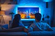 © Valentin - Cozy Evening: A Couple Enjoying a Movie Night with Cityscape on TV
