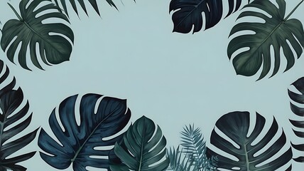 Tropical leaves on light blue background, blank space illustration abstract wallpaper