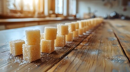 Wall Mural - A row of sugar cubes on a wooden table